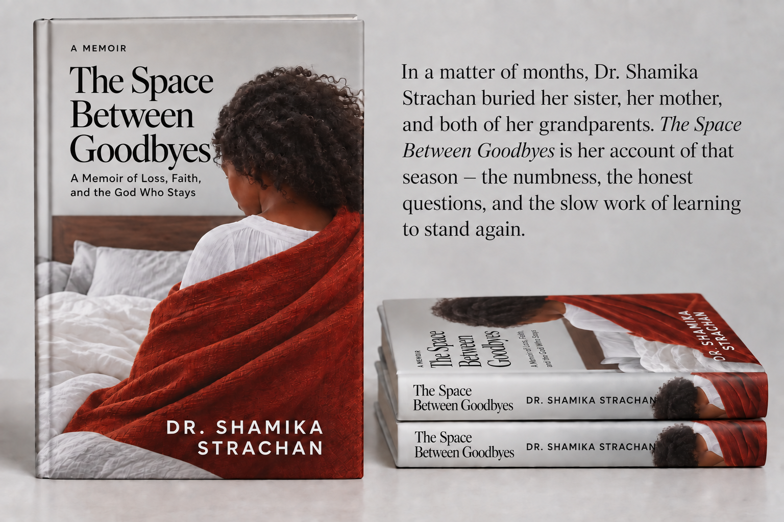 The Space Between Goodbyes by Dr. Shamika Strachan. Bedroom cover featuring a woman wrapped in a rust-red shawl.