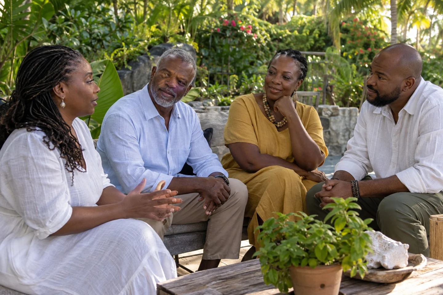 Friends listening to one another in a garden