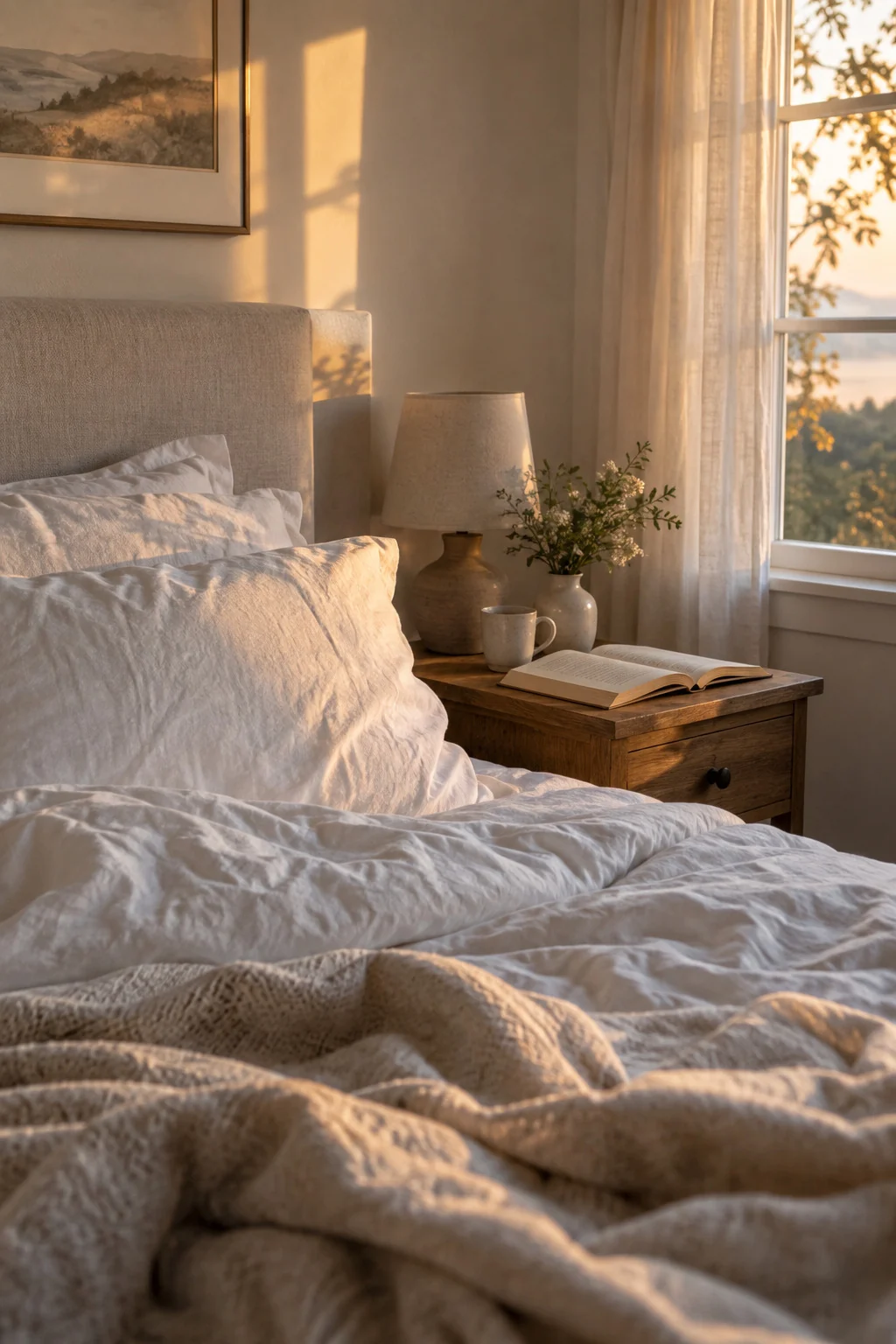 An airy bedroom with white linen and an open book